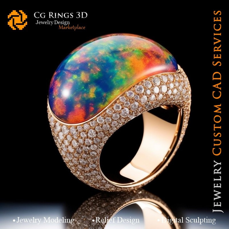 Ring with Opal and Diamonds - 3D CAD Jewelry Home, AI - Jewelry 3D CAD , AI - Rings 3D CAD , AI - 3D CAD Jewelry Melody of Colou