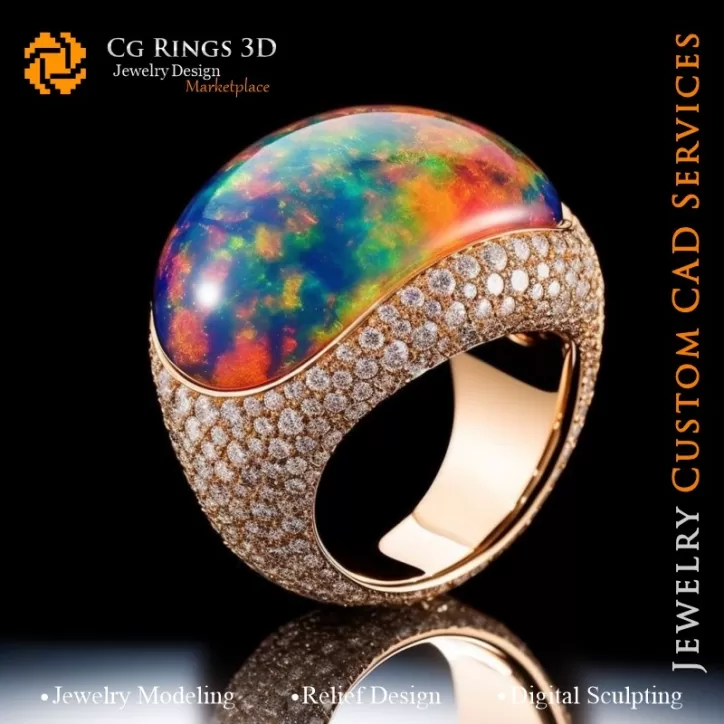 Bague avec Opale et Diamants - Bijoux 3D CAO Bague avec Opale et Diamants - Bijoux 3D CAO
