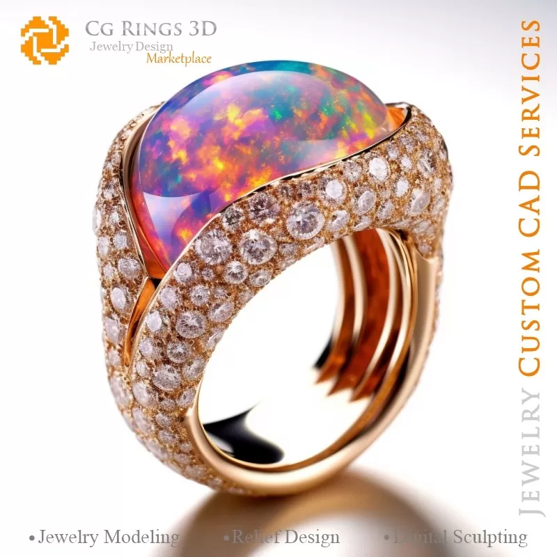 Anillo con ópalo y diamantes - 3D CAD Joyería Anillo con ópalo y diamantes - 3D CAD Joyería