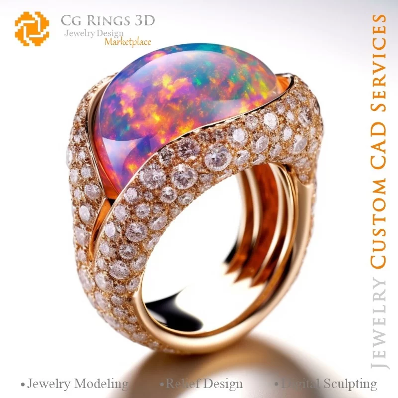 Bague avec Opale et Diamants - Bijoux 3D CAO Home, AI - Bijoux 3D CAO, AI - Anneaux 3D CAO , AI - Bijoux 3D CAO Mélodie des Coul