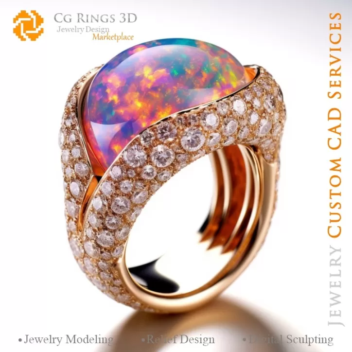 Bague avec Opale et Diamants - Bijoux 3D CAO Bague avec Opale et Diamants - Bijoux 3D CAO