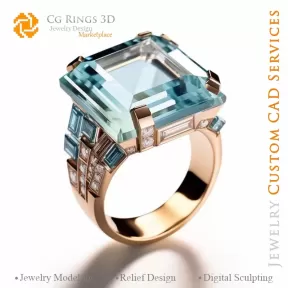 Bague avec Aigue-Marine et Diamants - Joaillerie 3D CAO