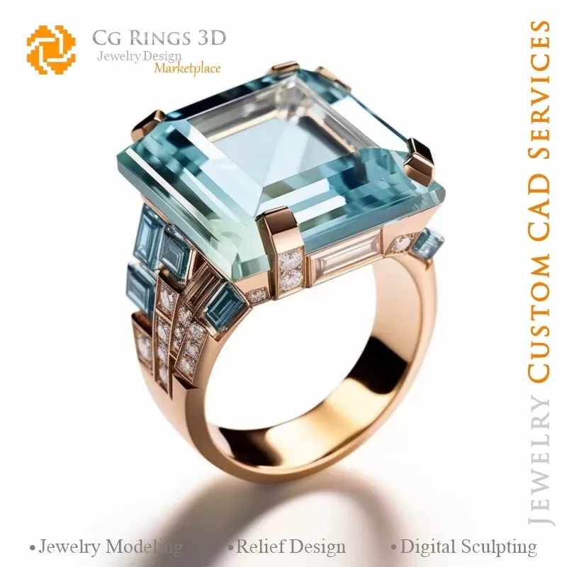 Anello con Acquamarina e Diamanti - Gioielleria 3D CAD
