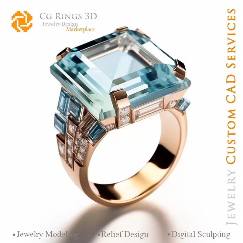 Bague avec Aigue-Marine et Diamants - Joaillerie 3D CAO