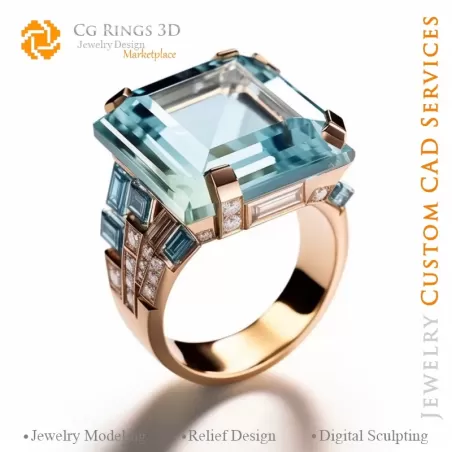 Ring with Aquamarine and Diamonds - 3D CAD Jewelry