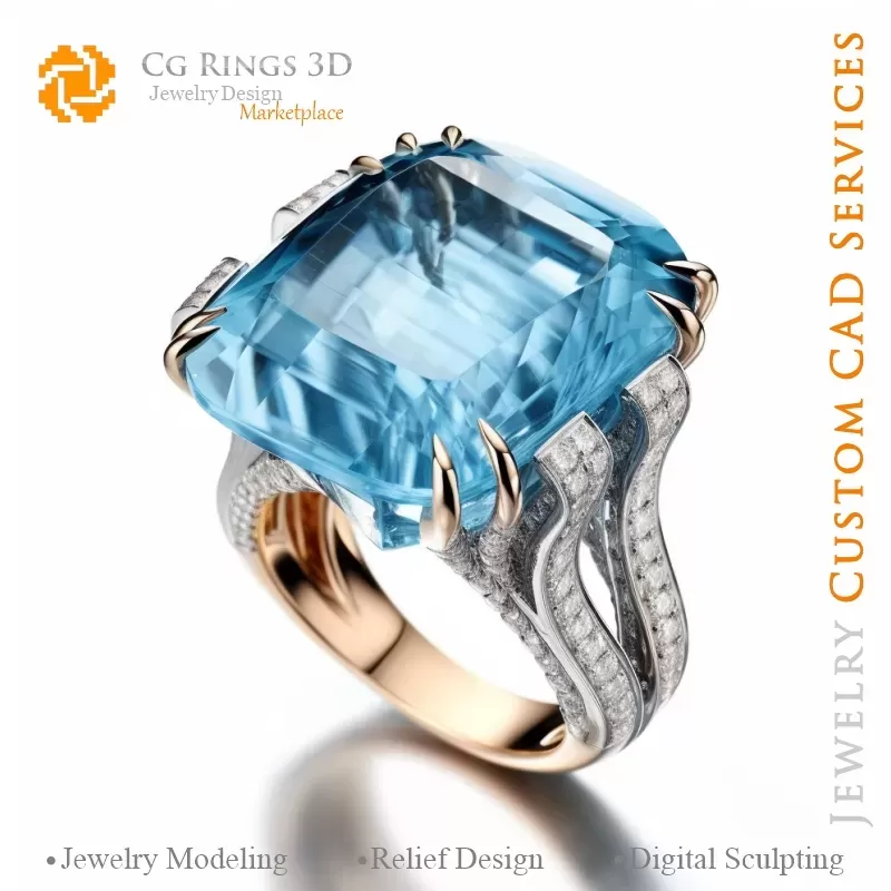 Ring with Aquamarine and Diamonds - 3D CAD Jewelry