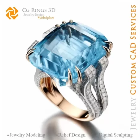 Anillo con Aquamarina y Diamantes - Joyería CAD 3D