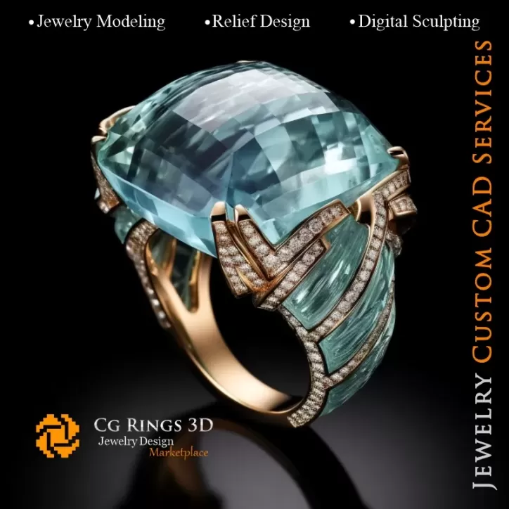 Ring with Aquamarine and Diamonds - 3D CAD Jewelry