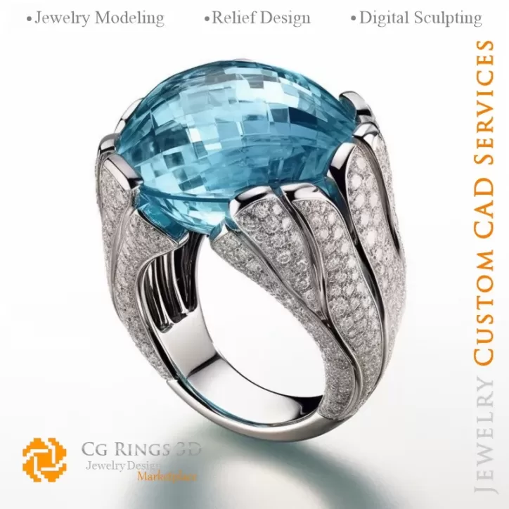 Ring with Aquamarine and Diamonds - 3D CAD Jewelry