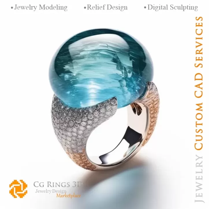 Ring with Aquamarine and Diamonds - 3D CAD Jewelry