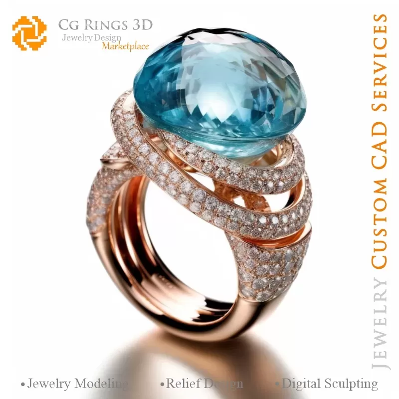 Ring mit Aquamarin und Diamanten - 3D CAD Schmuck
