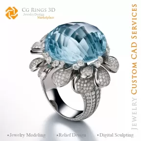 Anillo con Aquamarina y Diamantes - Joyería 3D CAD
