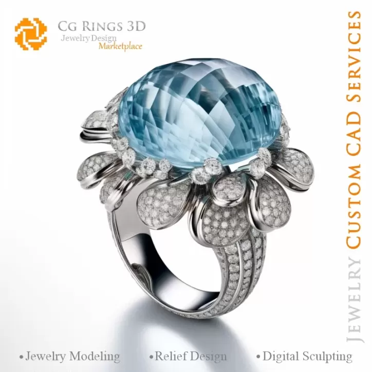 Ring with Aquamarine and Diamonds - 3D CAD Jewelry