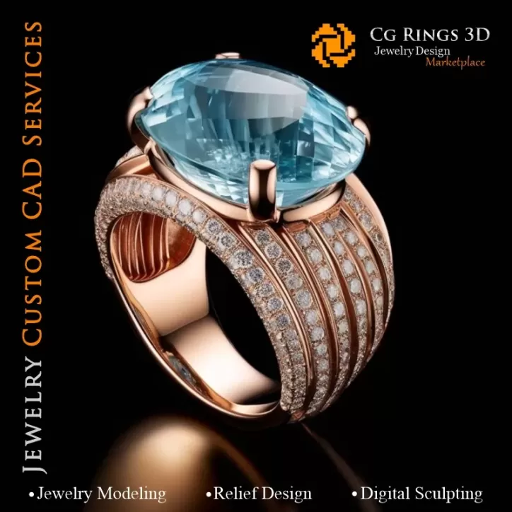 Ring with Aquamarine and Diamonds - 3D CAD Jewelry