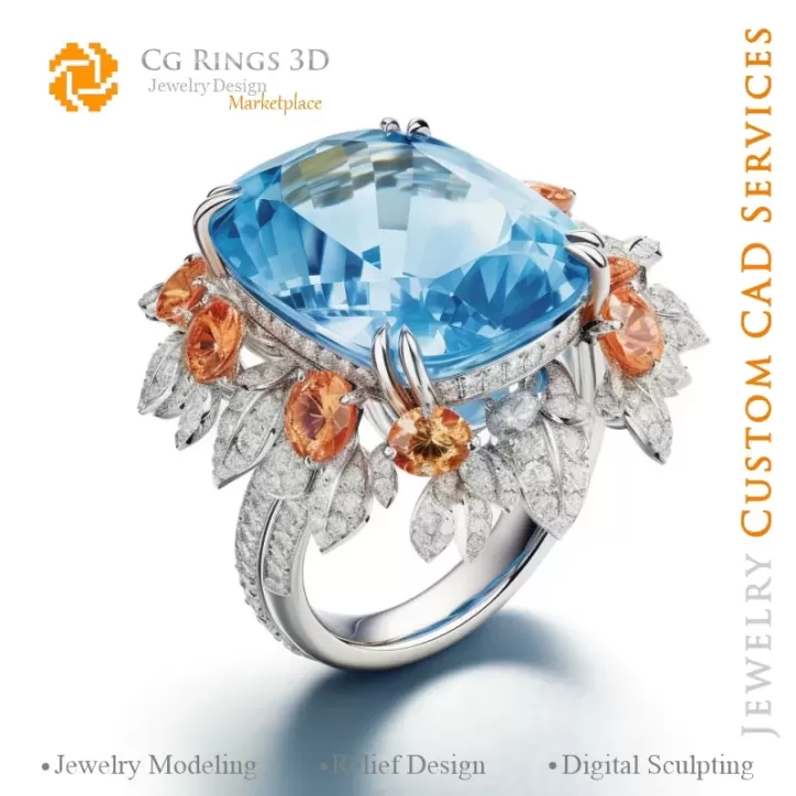 Ring with Aquamarine and Diamonds - 3D CAD Jewelry