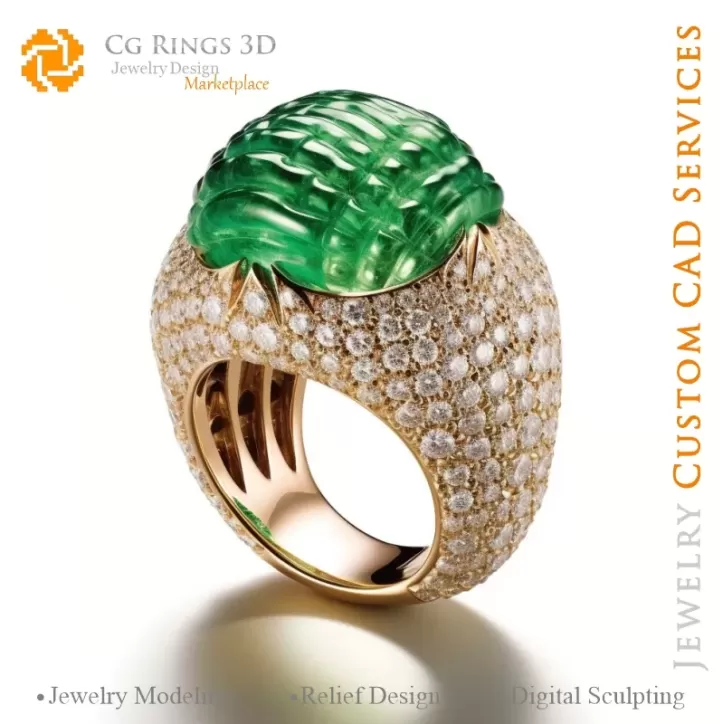 Ring with Emerald and Diamonds - 3D CAD Jewelry