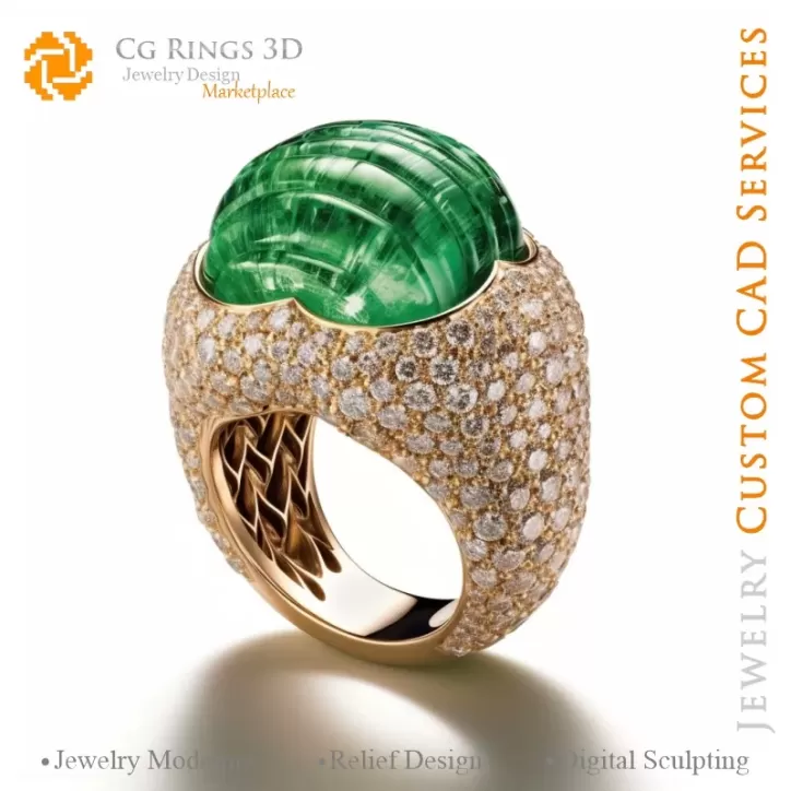 Ring with Emerald and Diamonds - 3D CAD Jewelry