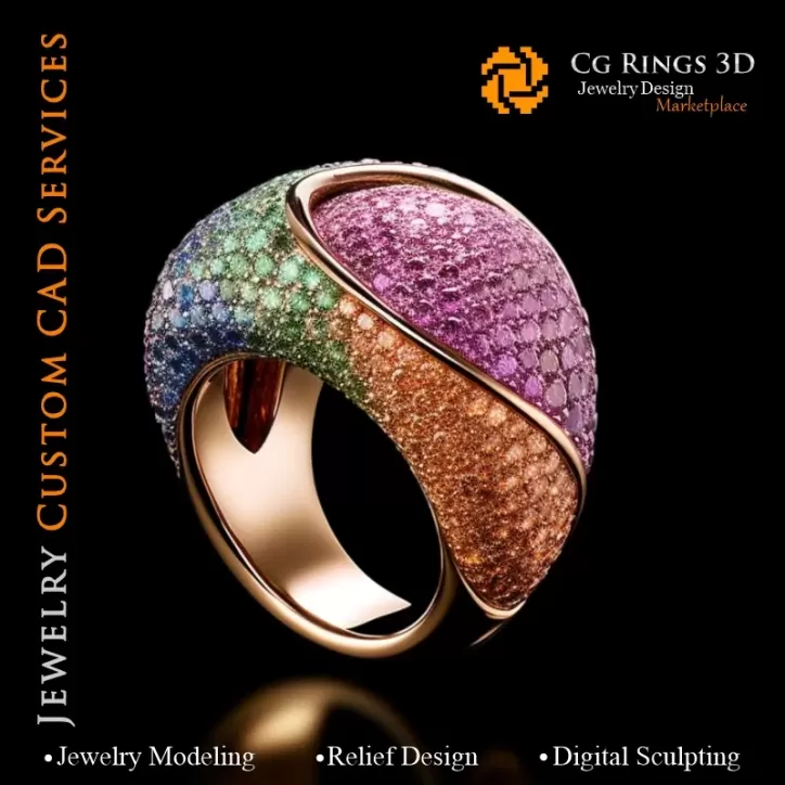 Bague Fleur avec Mélodie de Couleurs - Joaillerie 3D CAO