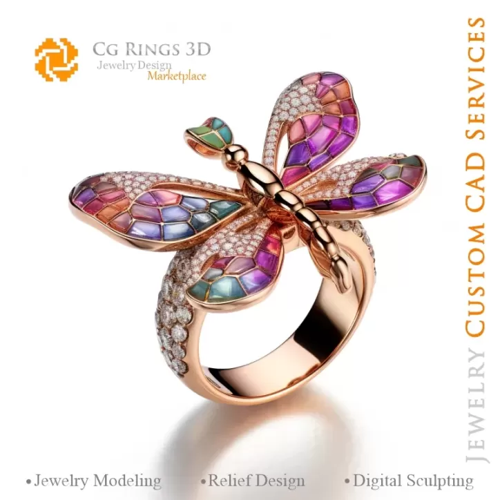 Bague Libellule avec Mélodie de Couleurs - Joaillerie 3D CAO