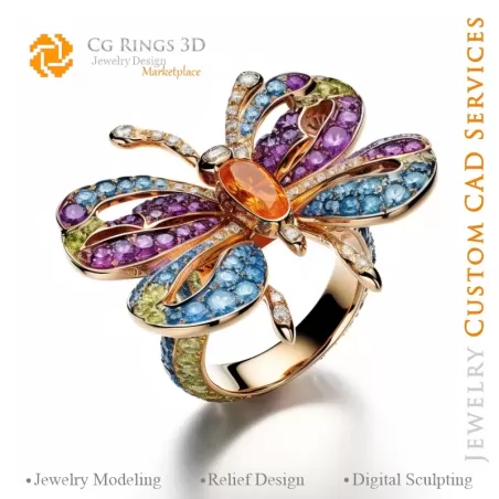 Bague Libellule avec Mélodie de Couleurs - Joaillerie 3D CAO