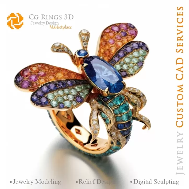 色彩旋律蜻蜓戒指 - 3D CAD 珠宝 色彩旋律蜻蜓戒指 - 3D CAD 珠宝