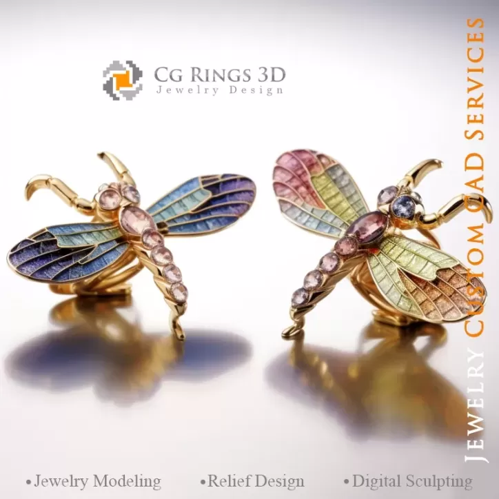 Libellen-Manschettenknöpfe mit Alexandrit - 3D CAD Schmuck Libellen-Manschettenknöpfe mit Alexandrit - 3D CAD Schmuck