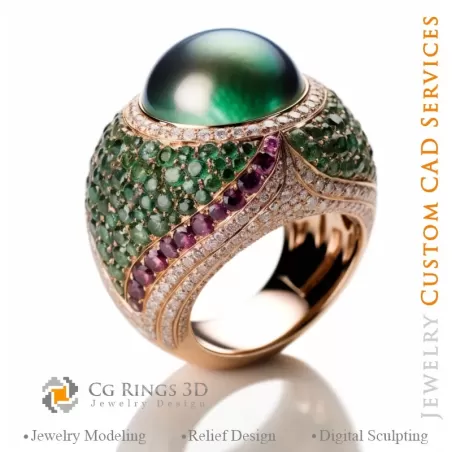 Bague avec Perle et Émeraudes - Joaillerie CAO 3D