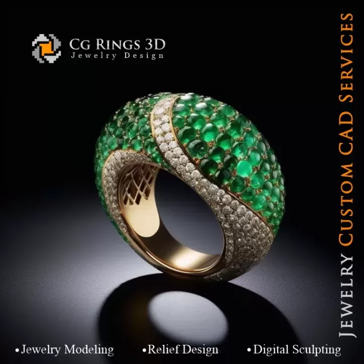 Ring with Emerald and Diamonds - 3D CAD Jewelry