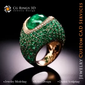 Ring with Emerald and Diamonds - 3D CAD Jewelry
