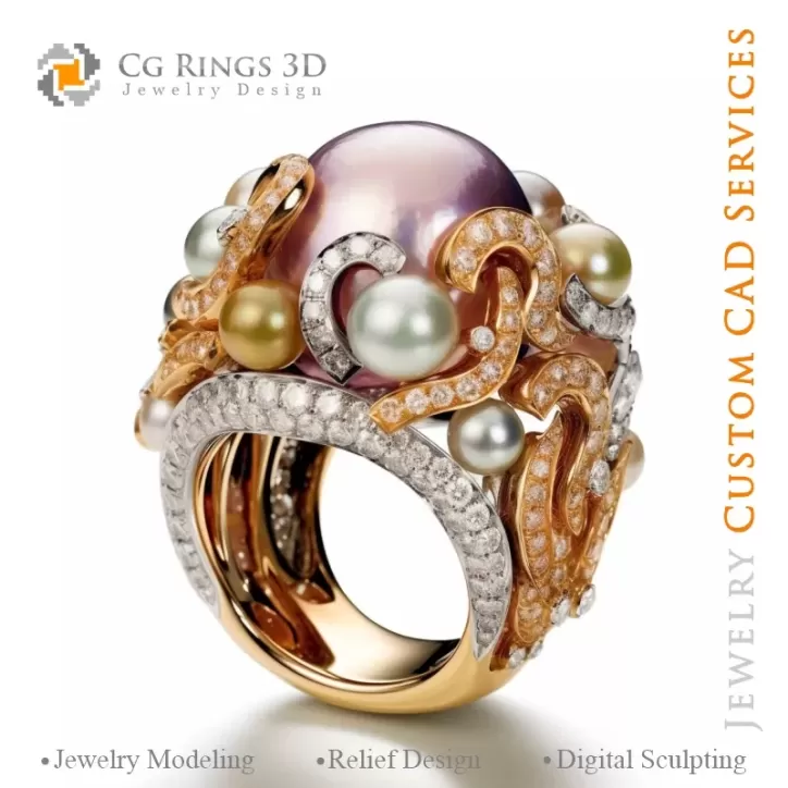 Ring with Pearls and Diamonds - 3D CAD Jewelry