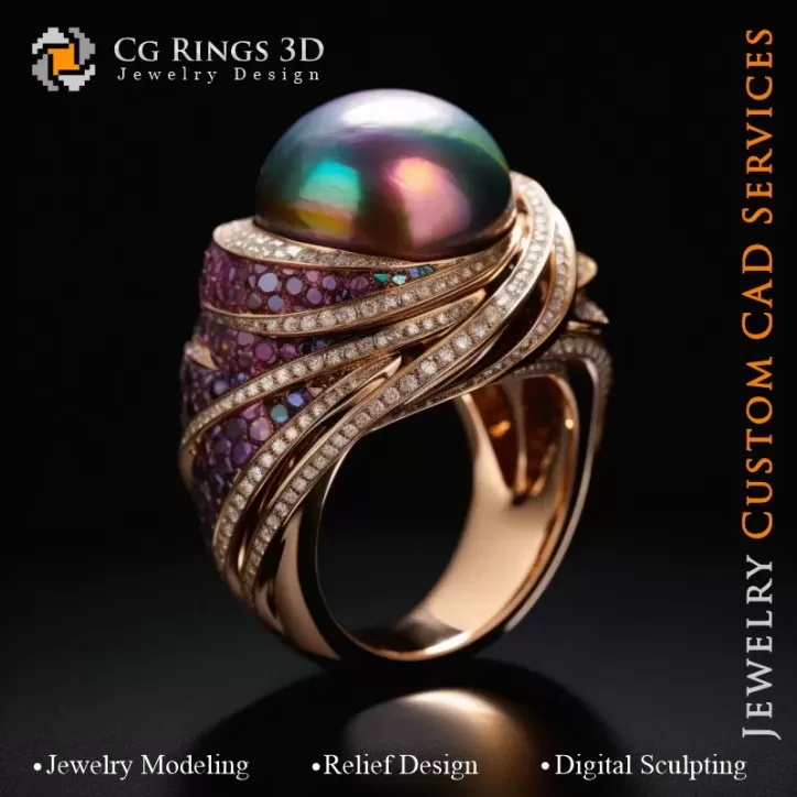 Ring with Pearl and Diamonds - 3D CAD Jewelry