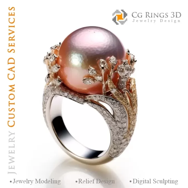 Ring with Pearl and Diamonds - 3D CAD Jewelry