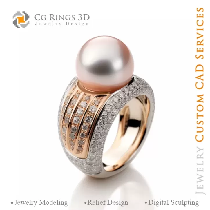 Ring with Pearl and Diamonds - 3D CAD Jewelry