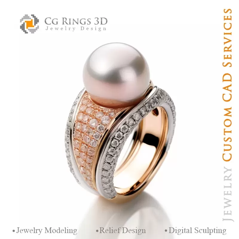 Inel cu Perla și Diamante - Bijuterii 3D CAD