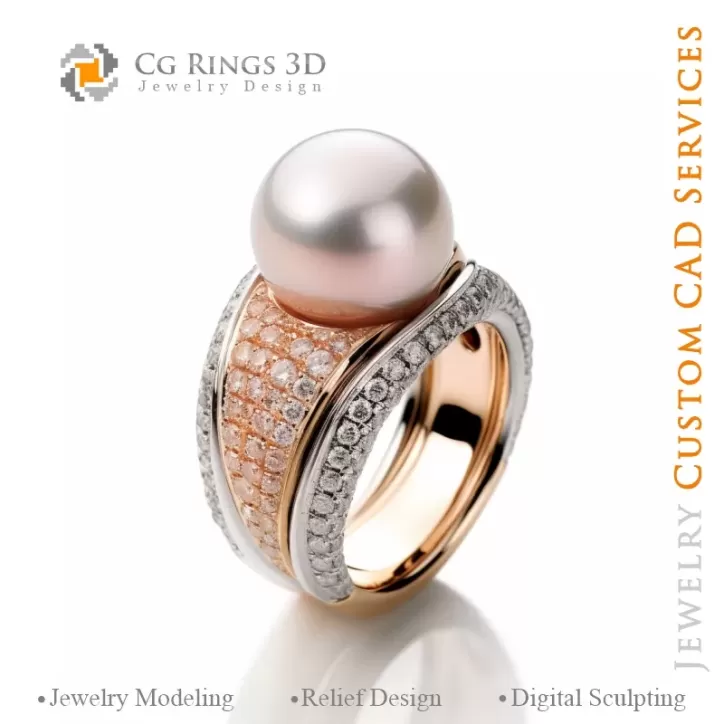 Ring with Pearl and Diamonds - 3D CAD Jewelry