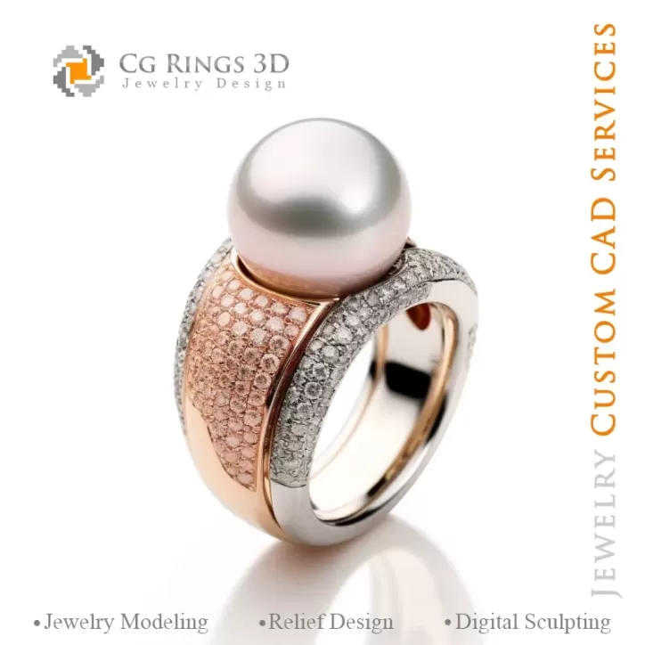 Ring with Pearl and Diamonds - 3D CAD Jewelry