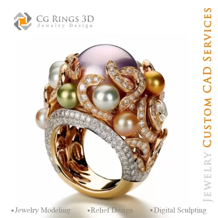 Ring with Pearls and Diamonds - 3D CAD Jewelry