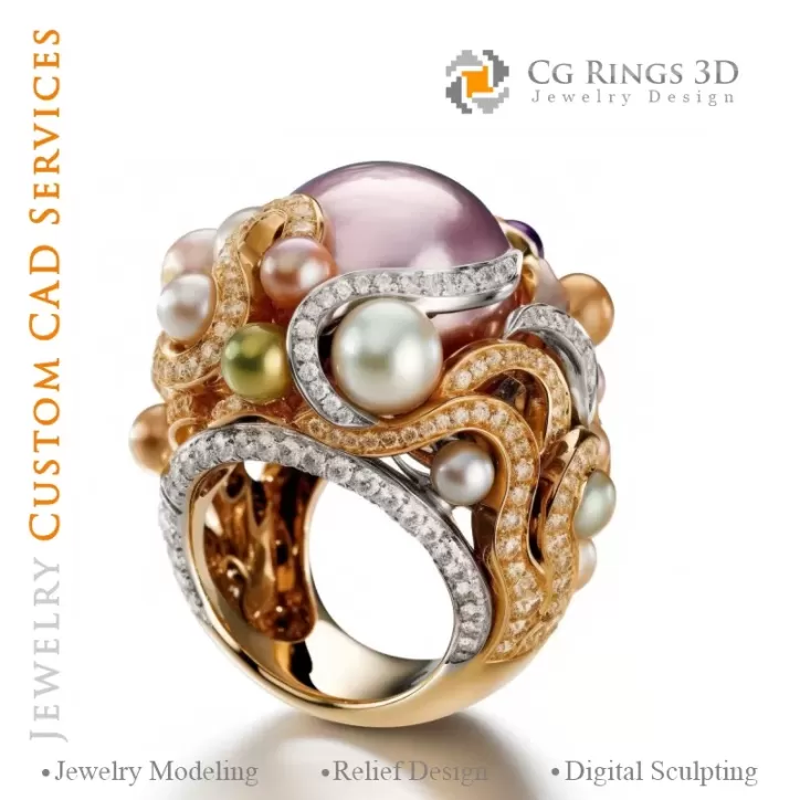 Ring with Pearls and Diamonds - 3D CAD Jewelry