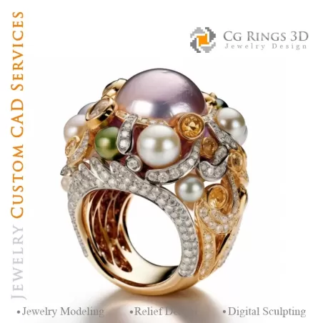 Ring mit Perlen und Diamanten - 3D CAD Schmuck