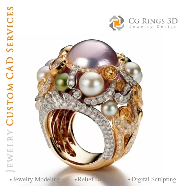 Ring with Pearls and Diamonds - 3D CAD Jewelry