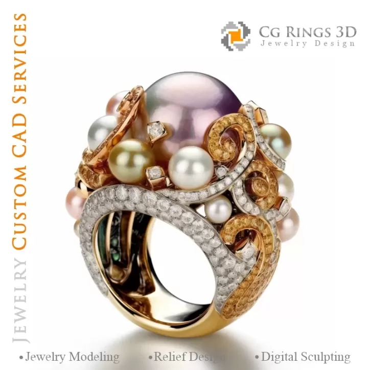 Ring with Pearls and Diamonds - 3D CAD Jewelry