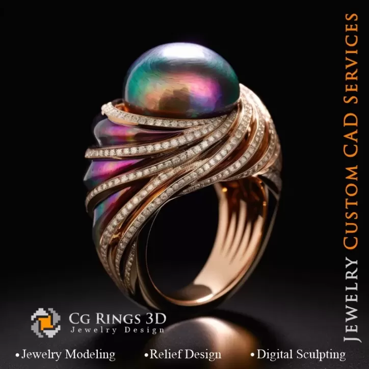 Ring mit Perle und Diamanten - 3D-CAD-Schmuck Ring mit Perle und Diamanten - 3D-CAD-Schmuck