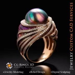 Inel cu Perla și Diamante - Bijuterii 3D CAD