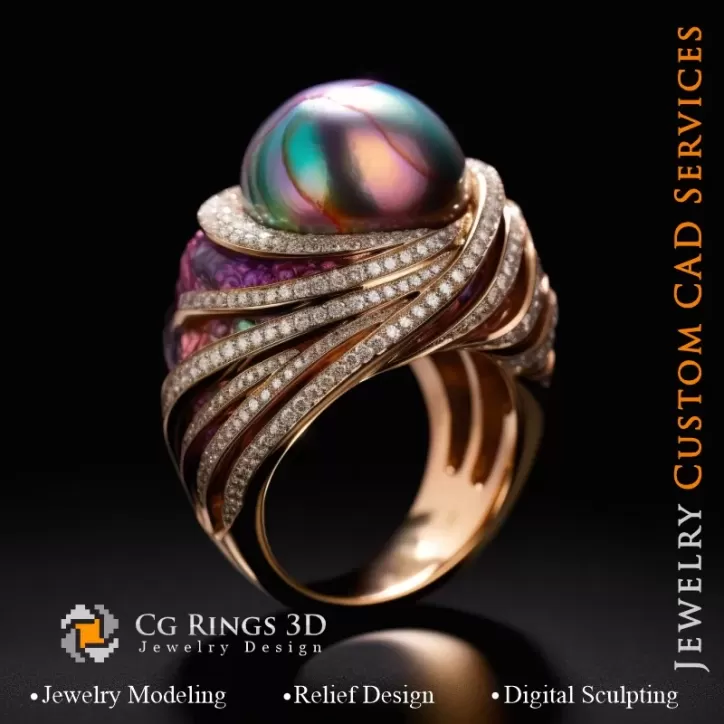 Ring with Pearl and Diamonds - 3D CAD Jewelry