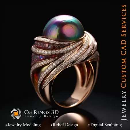 Ring with Pearl and Diamonds - 3D CAD Jewelry