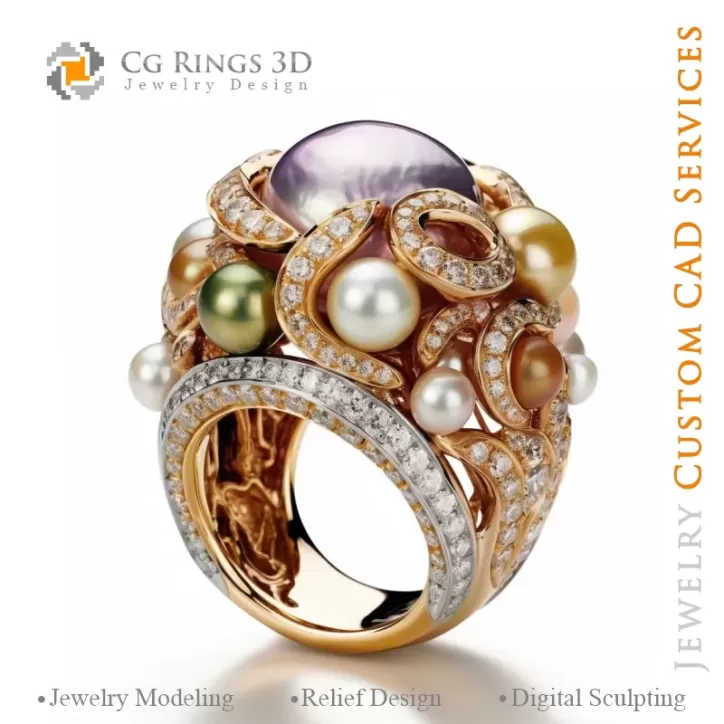 Ring with Pearls and Diamonds - 3D CAD Jewelry