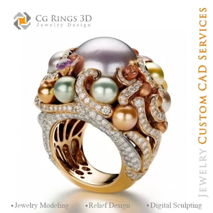 Ring mit Perlen und Diamanten - 3D-CAD-Schmuck Ring mit Perlen und Diamanten - 3D-CAD-Schmuck