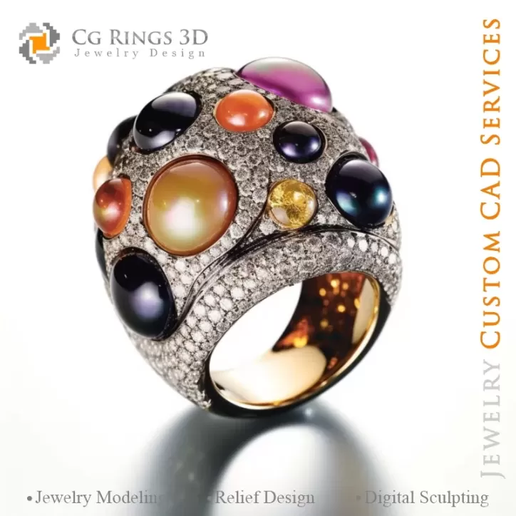 Ring with Pearls and Diamonds - 3D CAD Jewelry