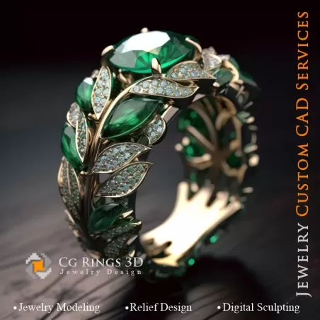 Ring with Emerald and Diamonds - 3D CAD Jewelry