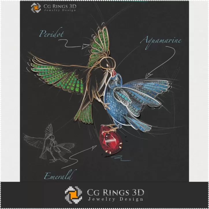 Design Joaillerie (Numérique) - Croquis Pendentif Oiseaux